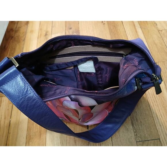 Anuschka womens hand painted genuine leather handbag purple pink hobo bag - Picture 7 of 8